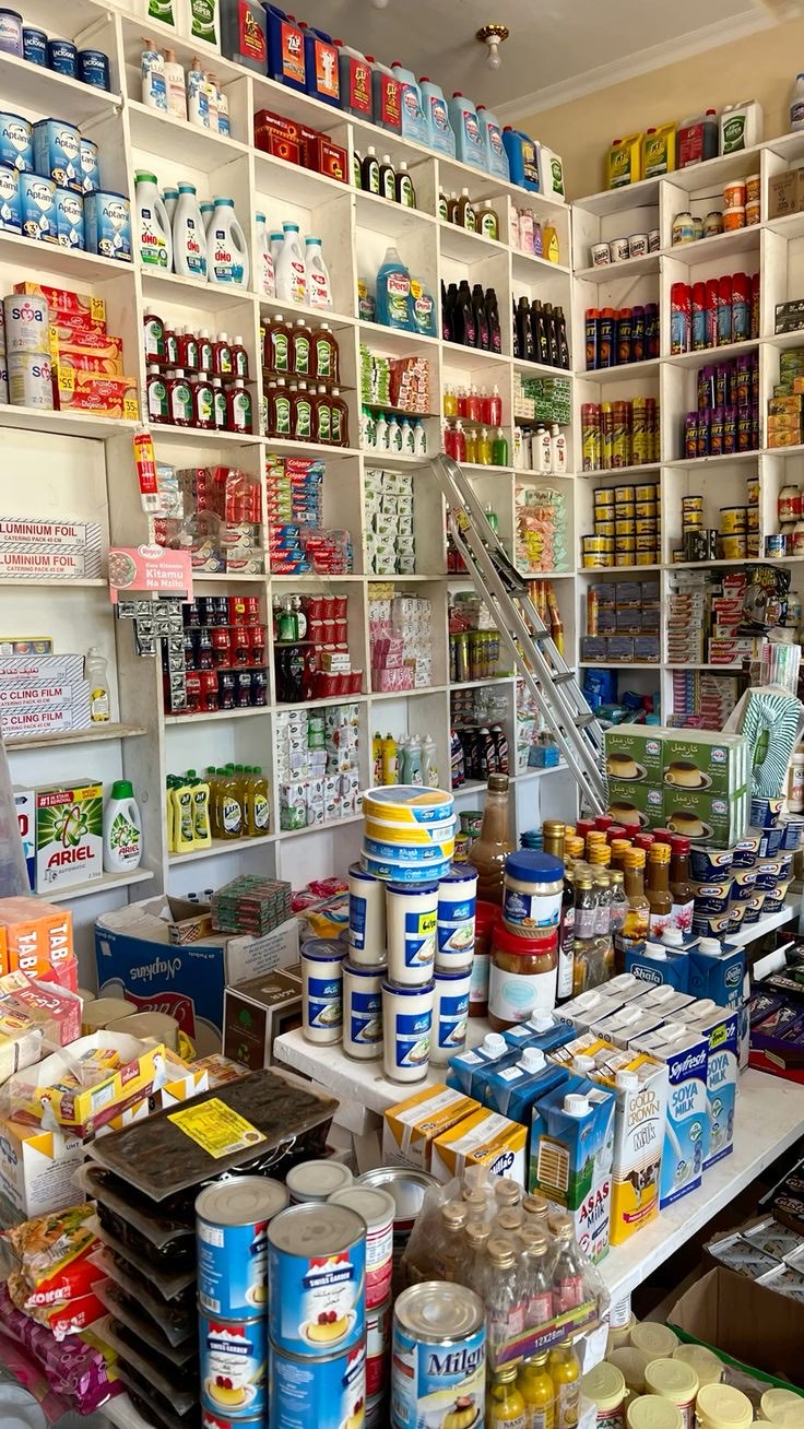 Une boutique d'alimentation générale, étagères garnies du sol au plafond